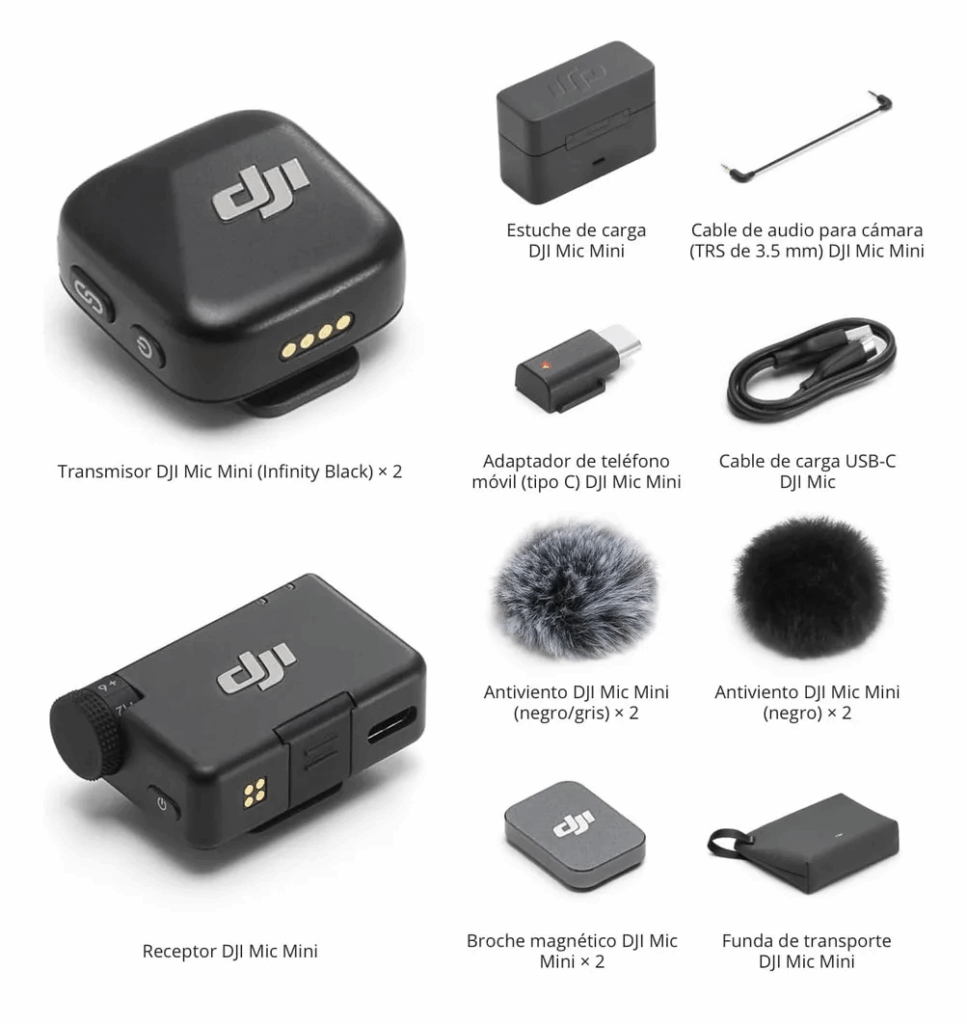 Contenido del DJI Mic Mini 2 Tx 1 Rx y Estuche de Carga Micrófono Inalámbrico Superligero