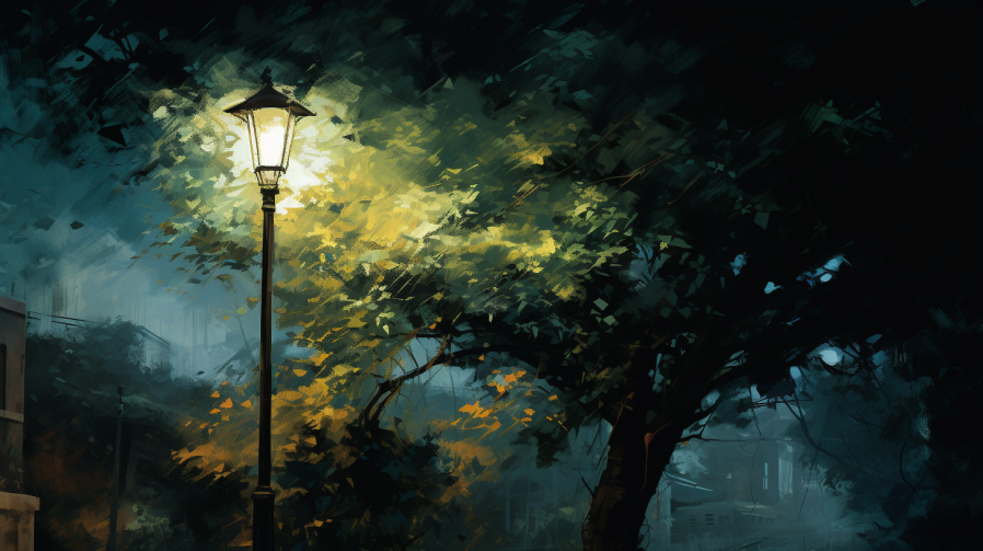 Impressionism, a street lamp beside a tree