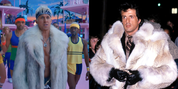 vestuario de Ken influenciado por el icónico traje de los años 80 de Sylvester Stallone