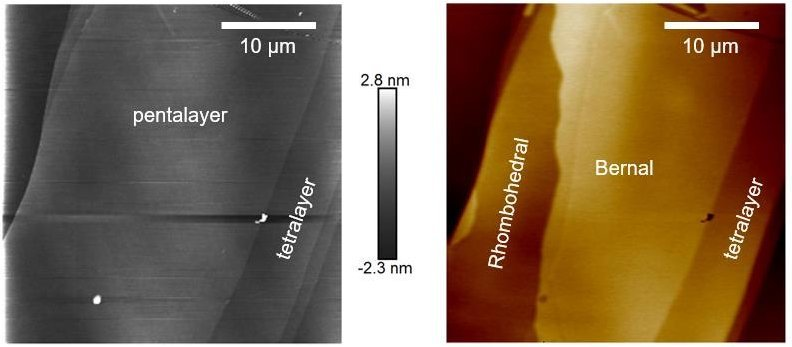 Micrografía de la pentacapa de grafito, que puede ser conductiva, magnética o topológica, dependiendo de la intensidad de la corriente eléctrica.
[Imagen: Tonghang Han et al. - 10.1038/s41565-023-01520-1]
Aislador topológico