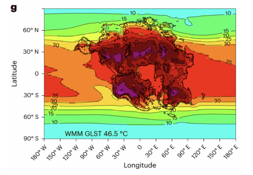 La temperatura promedio de la Tierra rondaría los 46,5 °C (Imagen: Farnsworth et al., Geociência da Natureza, 2023)