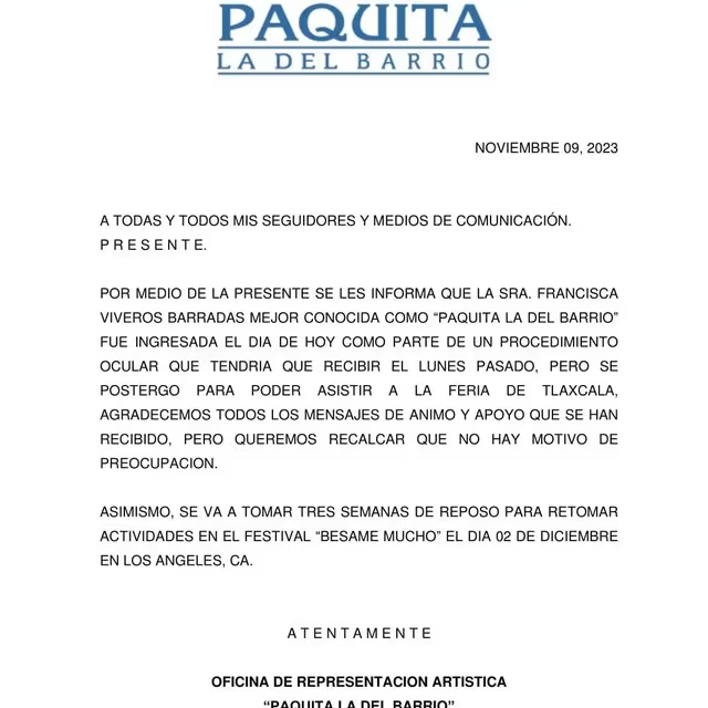 Comunicado sobre la salud de Paquita la del Barrio