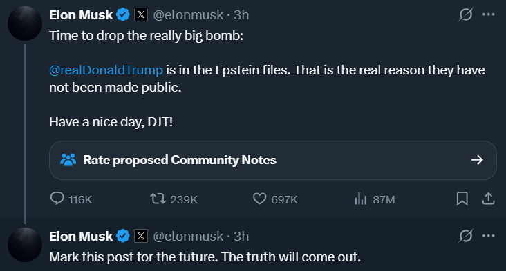 Publicación de Musk sobre Trump y Epstein