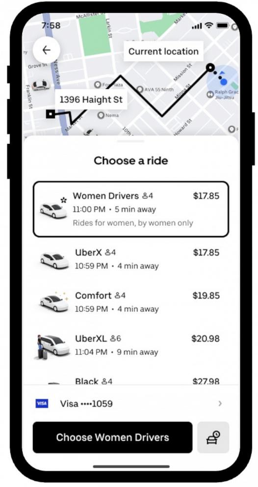 Imágenes de la experiencia de un pasajero con el nuevo programa piloto de Uber en EE. UU. para conectar con mujeres conductoras.
Uber